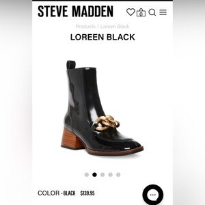 Steve Madden Loreen Black Patent Block Heel Boots with Gold Chain Accent